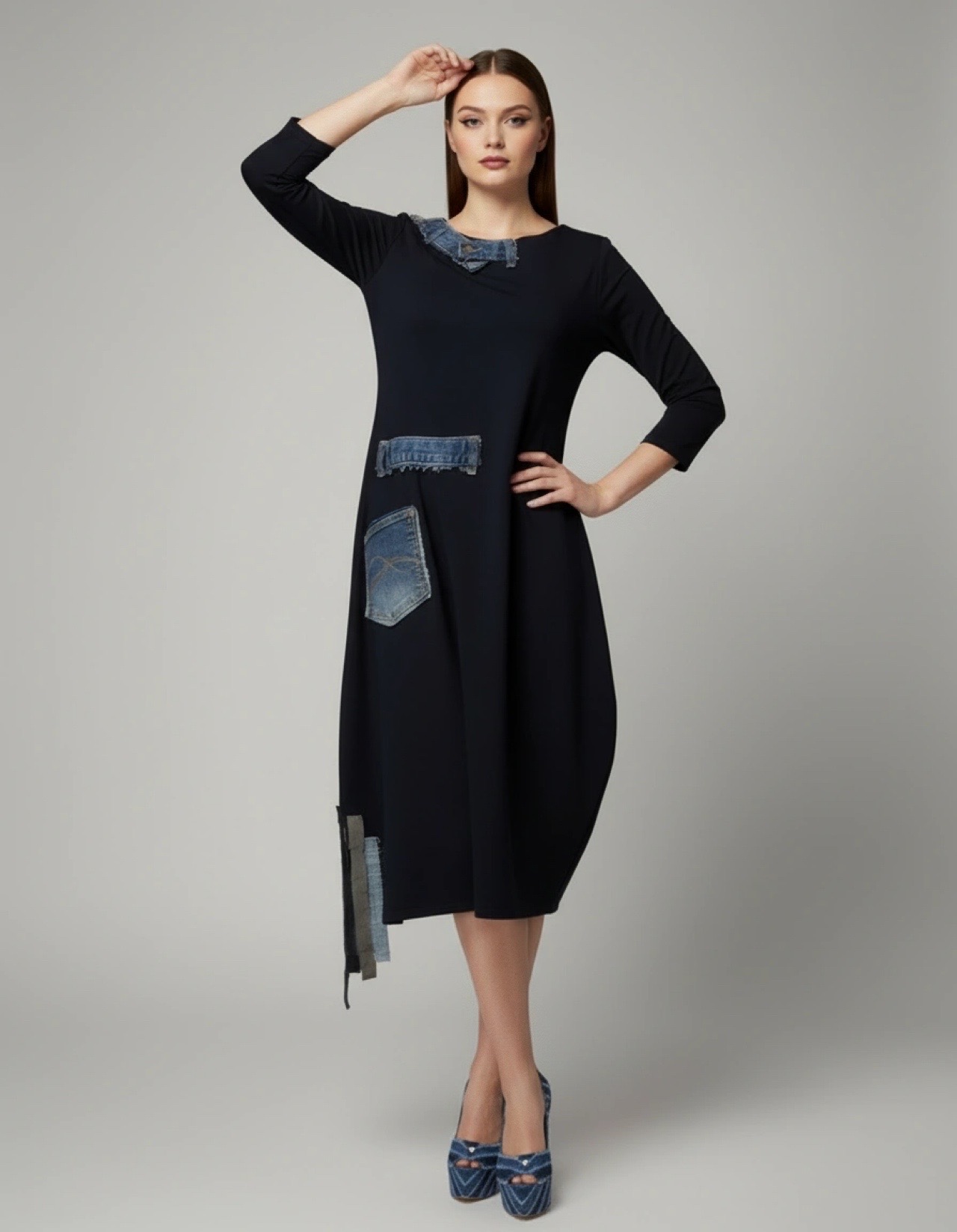 Tamnoplava haljina, haljina LINA, ženska haljina, haljina s traper detaljima, asimetrična haljina, elegantna haljina, modna haljina, udobna haljina, haljina za posebne prilike, urbana haljina