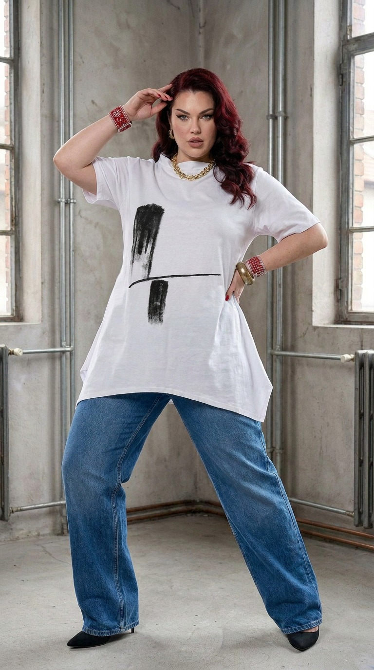 ženska bijela tunika Zoja s ručno oslikanim umjetničkim detaljem na plus size ženi