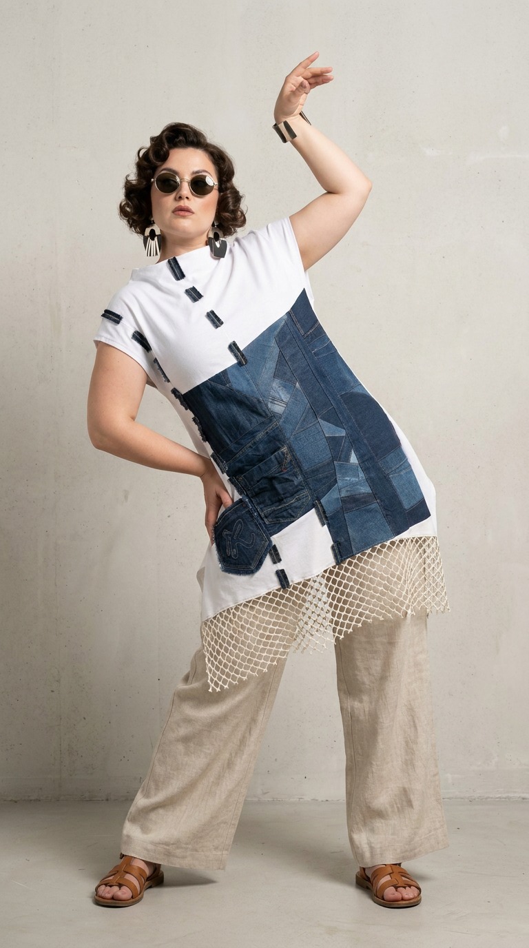 NENA patchwork traper tunika hrvatskog modnog dizajnera Kuky Design s umjetničkim patchwork detaljima i mrežastim završetkom