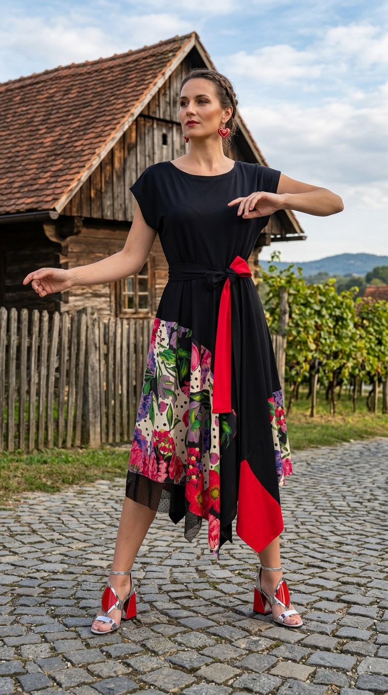 Haljina LATICA crna asimetrična viskozna haljina s cvjetnim patchwork uzorkom i crvenom mašnom Kuky Design