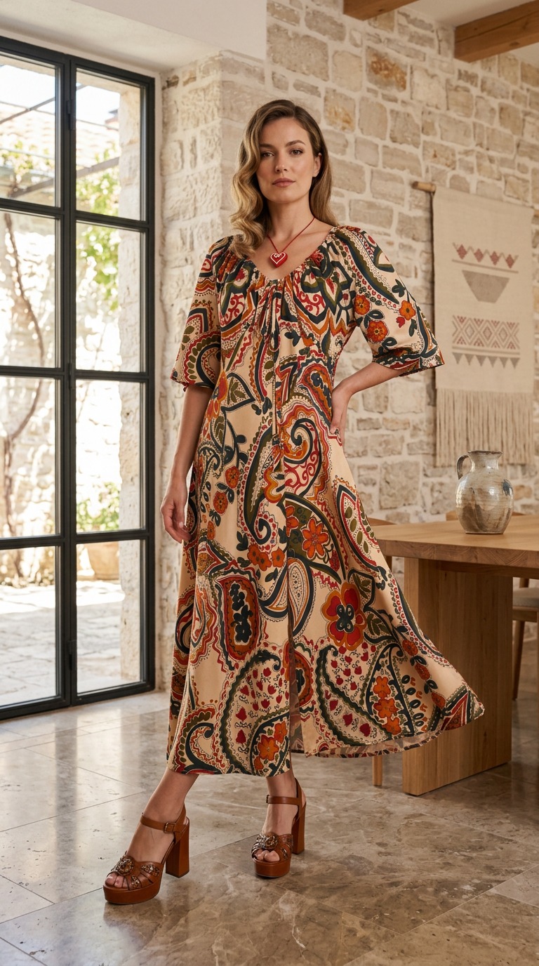 Haljina ZARIA s boho uzorkom u bež, zelenim, crvenim i tamnoplavim tonovima, lepršavi kroj s V-izrezom i kratkim rukavima.
