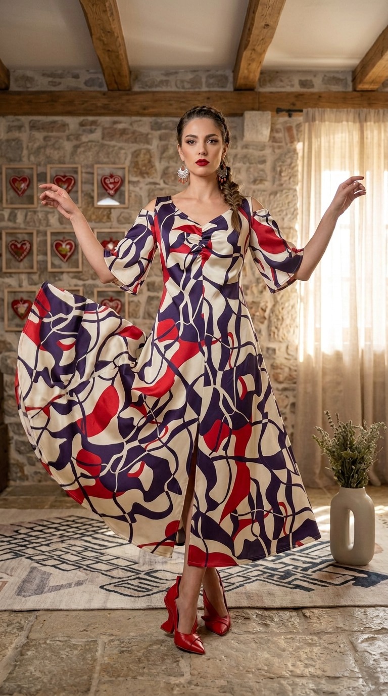 Elegantna duga haljina MOSAICA s apstraktnim uzorkom u crvenoj i tamnoplavoj boji iz kolekcije Kuky Design.