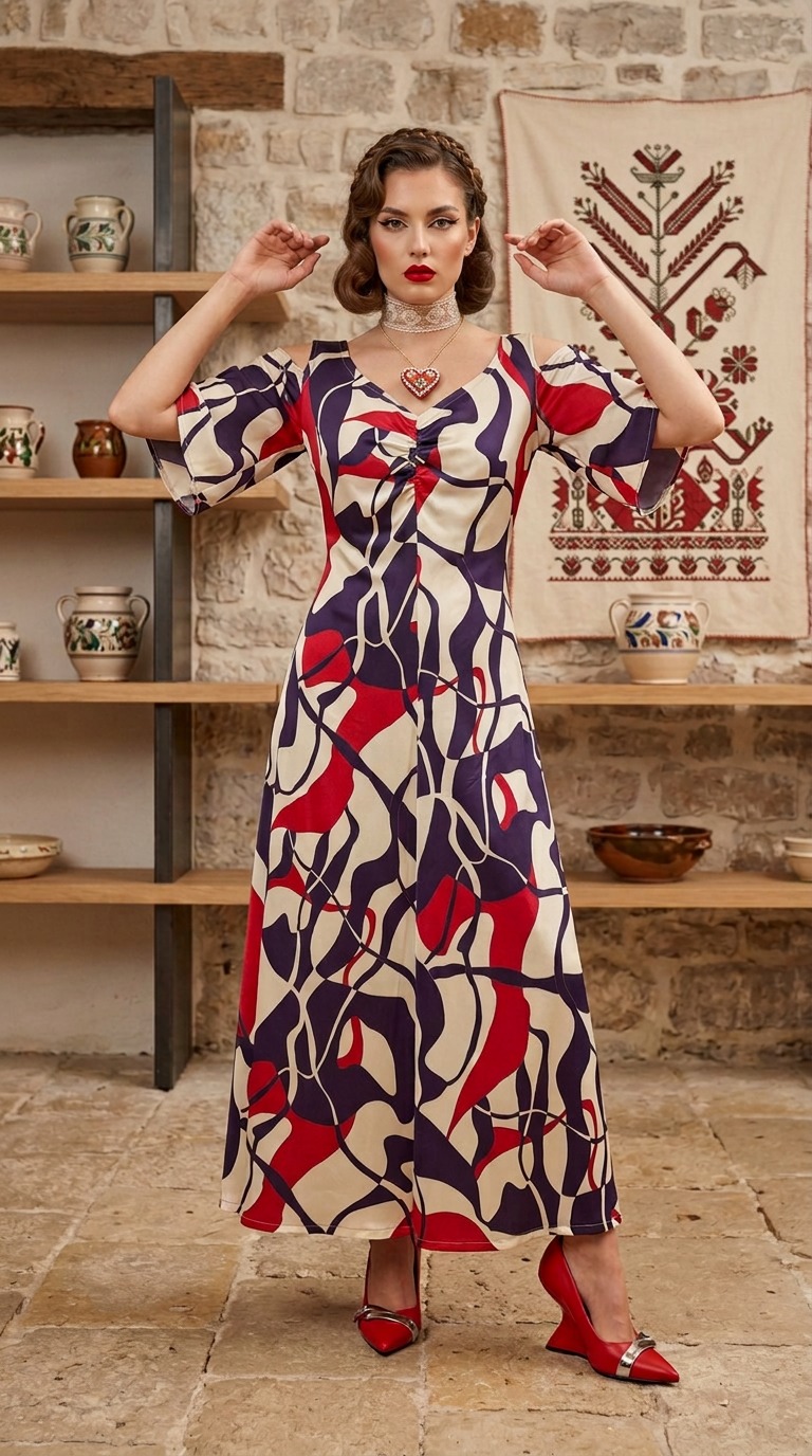 Elegantna duga haljina MOSAICA s apstraktnim uzorkom u crvenoj i tamnoplavoj boji iz kolekcije Kuky Design.