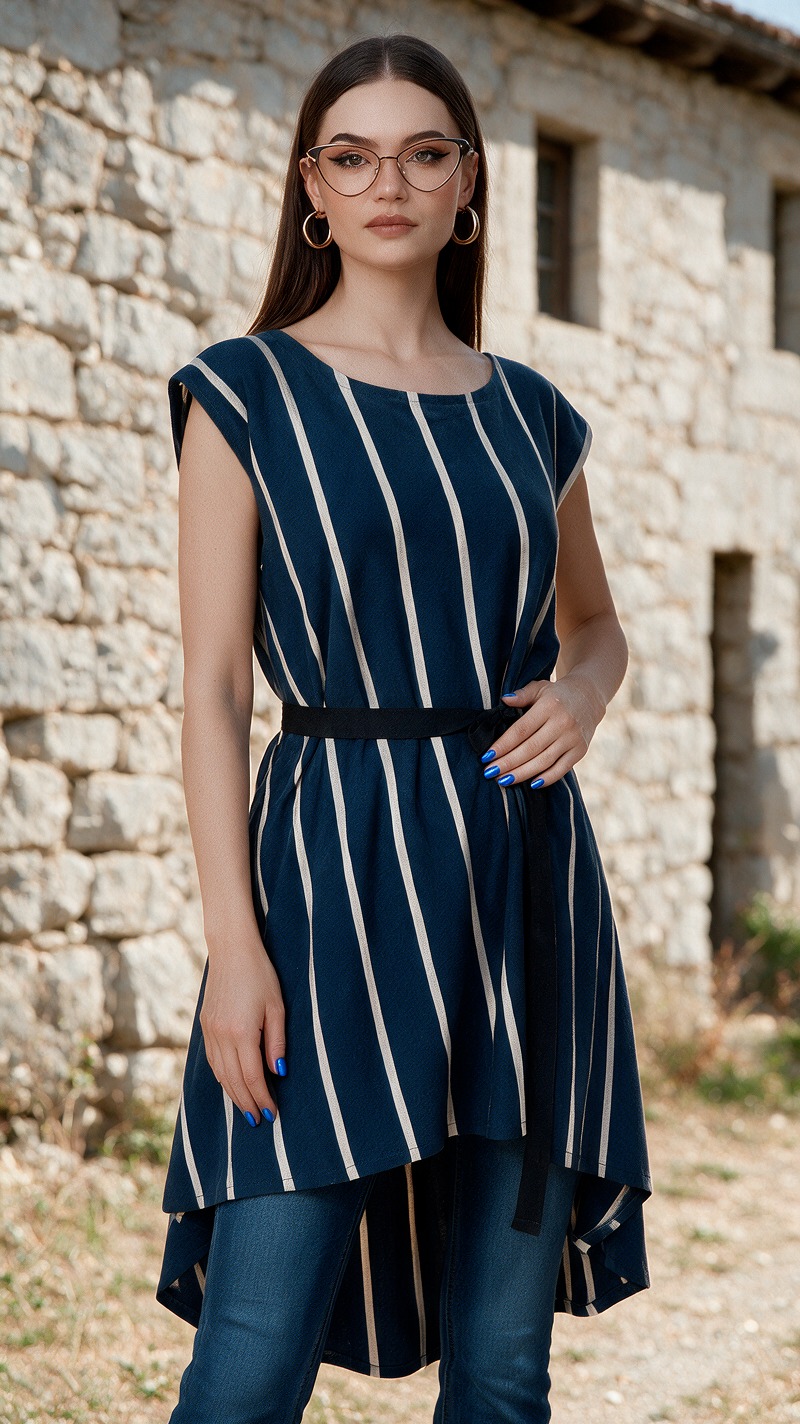 Plava prugasta asimetrična tunika CORDA s pojasom, Kuky Design dizajn, hrvatska moda