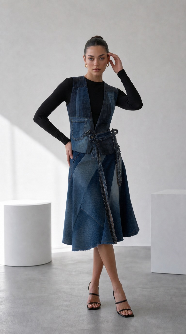 Asimetrična Patchwork Traper Suknja KASKADA